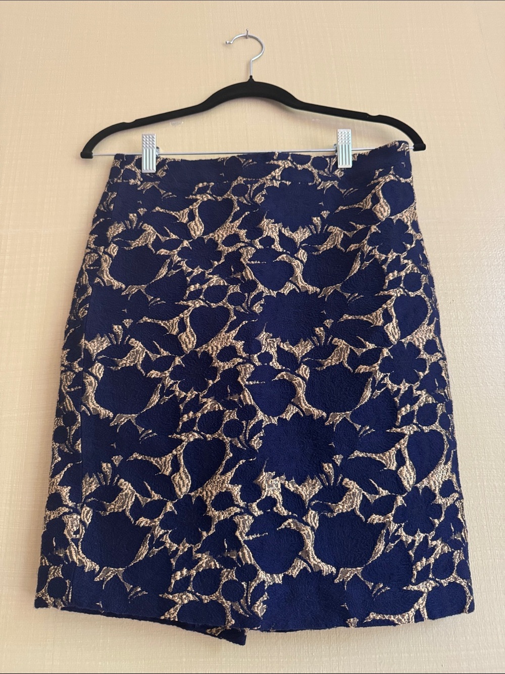J. crew Factory Navy and Gold Floral Jacquard Pencil Skirt